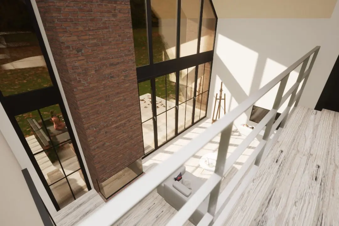 Hofanlage zwei Einfamilienhäuser mit Klinkerfassade und Remise auf Fehmarn, Ostsee. Sicht von der Galerie in den Wohnraum, Architekt Michael Flagmeyer