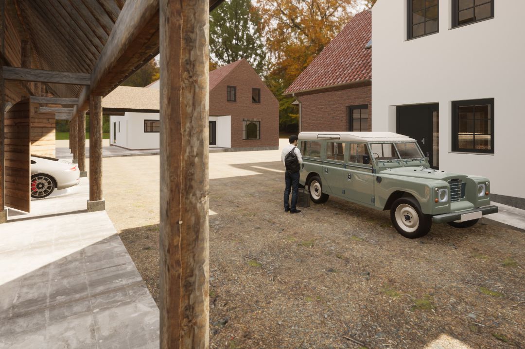 Hofanlage zwei Einfamilienhäuser mit Klinkerfassade und Remise auf Fehmarn, Ostsee. Sicht von der Remise auf Haus 1. Architekt Michael Flagmeyer